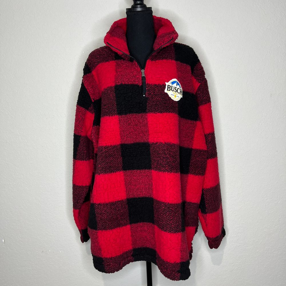Anheuser Busch‎ Beer Plaid Sherpa Fleece Pullover Red Black Sweater, Size 2xl